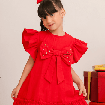 Vestido Natalino Infantil Vermelho em Tricoline com Laço – 9 a 18 Meses