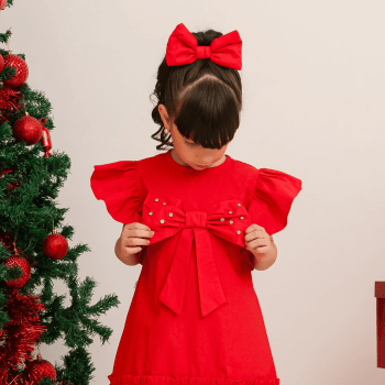 Vestido Natalino Infantil Vermelho em Tricoline com Laço – 9 a 18 Meses