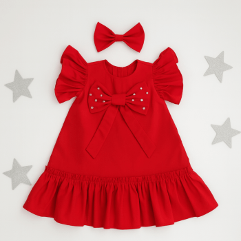 Vestido Natalino Infantil Vermelho em Tricoline com Laço – 9 a 18 Meses