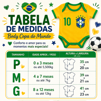 Body Copa Infantil Amarelo e Verde Bebê 100% Algodão Roupa Tema Futebol