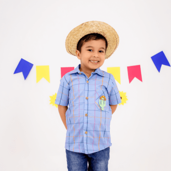 Camisa Xadrez Junina Infantil Azul com Chapéu