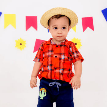 Camisa Xadrez Junina Infantil Vermelha com Chapéu