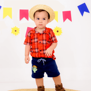 Camisa Xadrez Junina Infantil Vermelha com Chapéu
