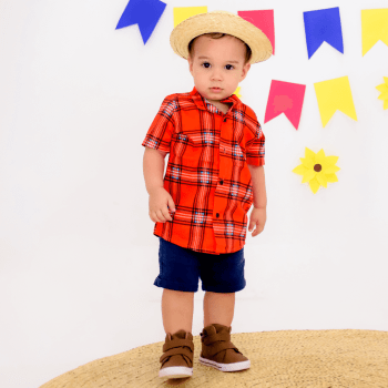 Camisa Xadrez Junina Infantil Vermelha com Chapéu