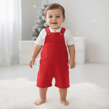 Conjunto de Natal Infantil Premium Menino – Jardineira em Linho e Camisa Branca