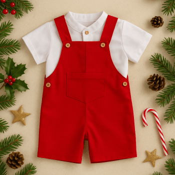 Conjunto de Natal Infantil Premium Menino – Jardineira em Linho e Camisa Branca