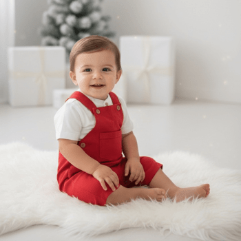 Conjunto de Natal Infantil Premium Menino – Jardineira em Linho e Camisa Branca