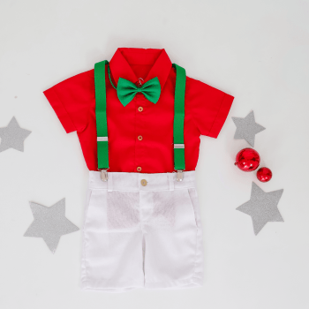 Conjunto Infantil Natalino Premium 4 Peças – Camisa em Algodão e Bermuda em Linho