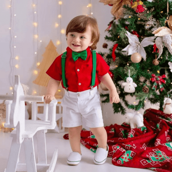 Conjunto Infantil Natalino Premium 4 Peças – Camisa em Algodão e Bermuda em Linho