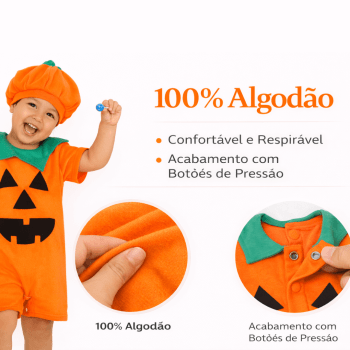Fantasia Infantil Abóbora 100% Algodão com Touca – Menino 2 e 3 Anos