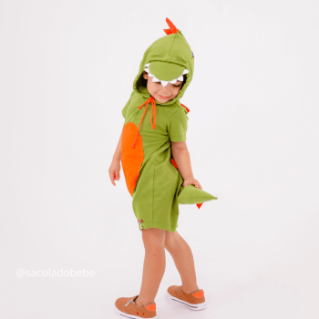Fantasia Dinossauro Verde Claro com Capuz Bordado