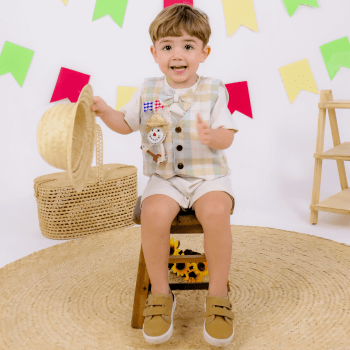 Roupa Junina Bebê Menino Bege | Conjunto São João Infantil Fazendinha