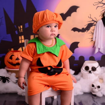 Fantasia Halloween Infantil Abóbora Menino com touca