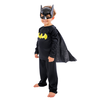 Fantasia Infantil Herói Morcego Preta com Capa e Máscara - Look Completo – 2 a 6 Anos