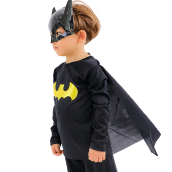 Fantasia Infantil Herói Morcego Preta com Capa e Máscara - Look Completo – 2 a 6 Anos