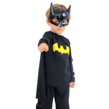 Fantasia Infantil Herói Morcego Preta com Capa e Máscara - Look Completo – 2 a 6 Anos